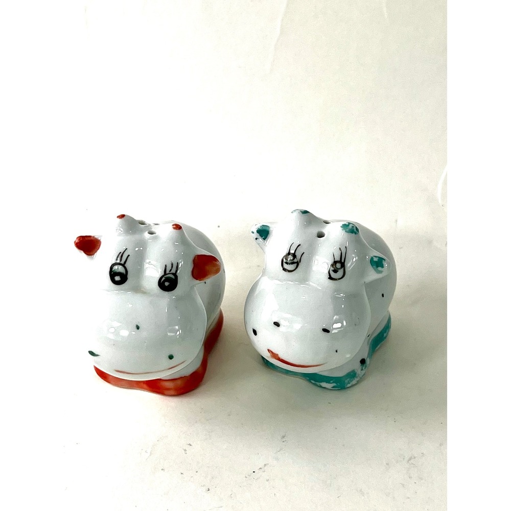 Vintage Ceramic Hippo Salt and Pepper Shakers Set Farmhouse Hand Painted Red